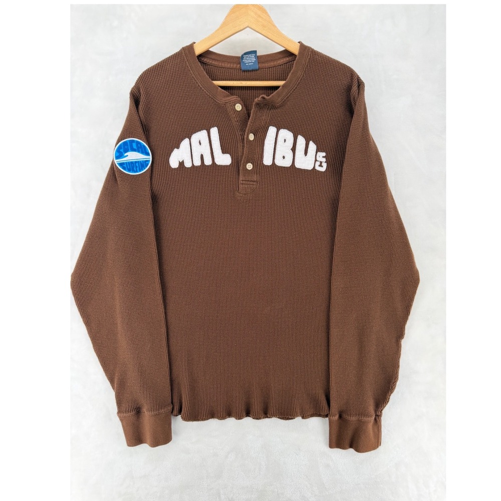 Hollister Mens XXL Brown Waffle Knit Henley Malibu CA SoCal Surf Thermal Shirt